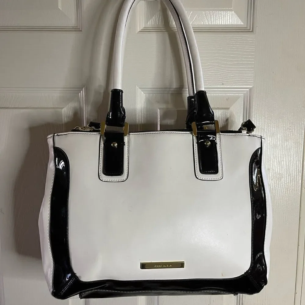 Anne Klein large black and white color block Satchel with gold tone hardwares.